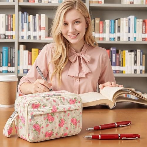 WOBAGMEN Cute Pencil Case,Large Corduroy Zippered Pencil Case Pouch, aesthetic Pencil Bag with Compartments, Pencil Pouch School Supplies (Big Pink Floral) thumbnail 6