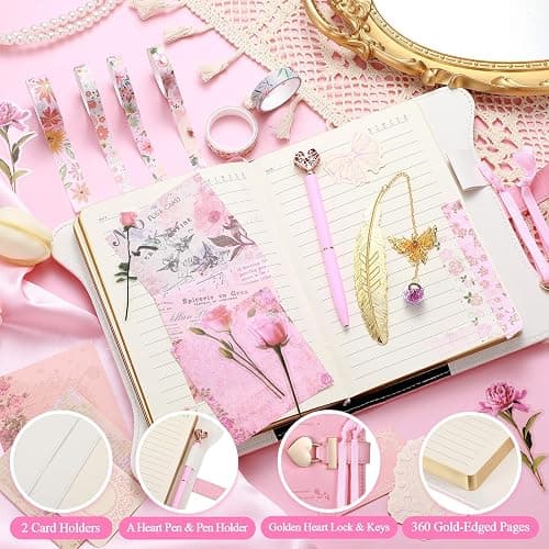 Janlaugh DIY Journal Diary with Lock Set Scrapbook Kit Stationary Diary Supplies Art Crafts Kit for Birthday Holidays Ideal Gifts for Women Teen Girls(Pink,Classic) thumbnail 4
