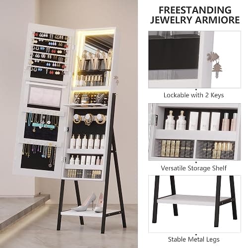 jajov 47.2" LED Jewelry Cabinet Armoire, Standing Full-Length Mirror With Jewelry Storage, Jewelry Organizer Armoire, Lockable Jewelry Mirror Cabinet (Rustic White) thumbnail 4