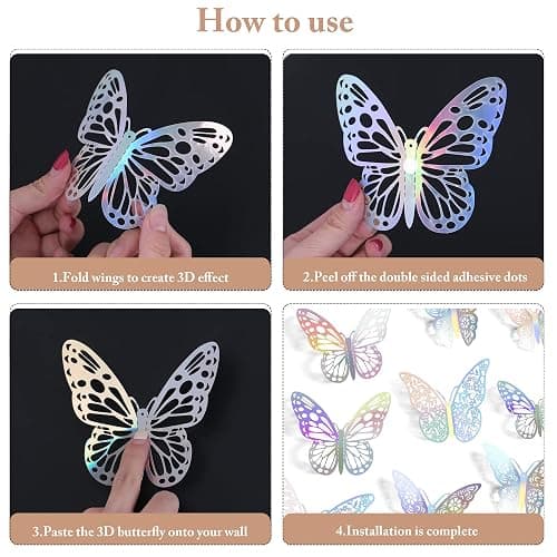 SAOROPEB 3D Wall Decor, 72 Pcs 3 Sizes 3 Styles, Removable Butterfly Stickers for Room Decor, Party Balloons, Cake Decoration, Laser thumbnail 7