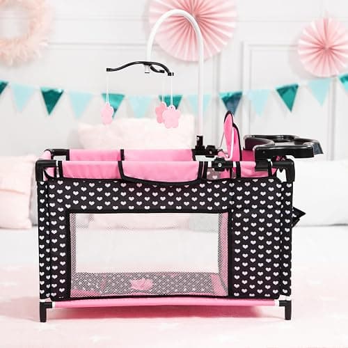 Doll bed with integrated high chair, changing table, mobile, black, pink | changing table, mobile, clothes hanger, doll accessories for sleeping thumbnail 2