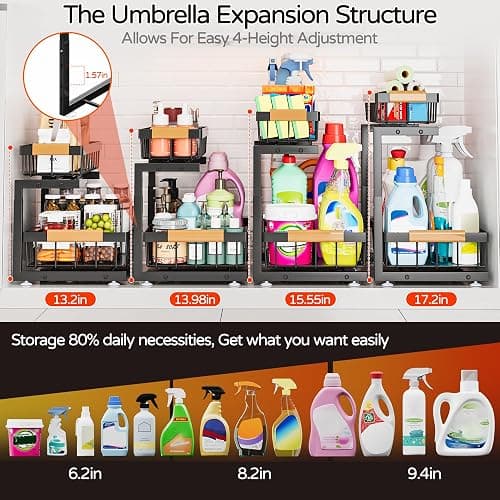 ADBIU Under Sink Organizer, 2 Pack 2 Tier Expandable Height (13.2" - 17.2") Pulling Out Kitchen Bathroom Cabinet Organizers thumbnail 4