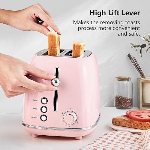 Roter Mond 2 Slice Toaster Retro Stainless Steel with Bagel, Cancel, and Defrost Functions, 6 Bread Shade Settings, Extra Wide Slots and Removable Crumb Tray, Pink thumbnail 7