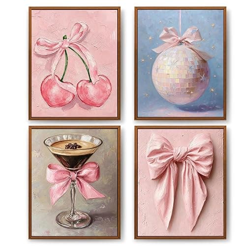 Qykwz Preppy Girly Pink Bow Wall Art Prints, Coquette Pink Bow Cherry Disco Ball Espresso Martini Posters Pictures Wall Decor for Girls Bedroom Dorm Home Bar Club, 8x10 Unframed Set of 4 - Image 1
