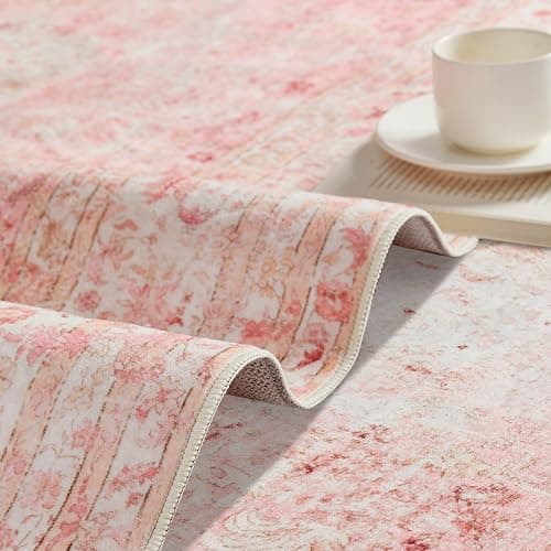Latte&Fog Washable Pink Rug, Vintage 5x7 Area Rugs for Girls Bedroom,Living Room,Cute Nursery Dorm, Floral Non Slip Low Pile Soft Carpets for Classroom Kids Playroom Kitchen Dining Room Office thumbnail 7