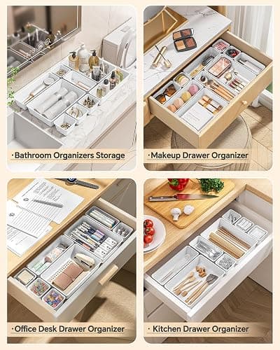 KEMETHY 25 PCS Plastic Drawer Organizers Set, 4 Sizes Vanity Organizer, Makeup and Desk Drawer Organizer Trays, Organization and Storage for Makeup, Bathroom, Kitchen Utensils and Office (White) thumbnail 5