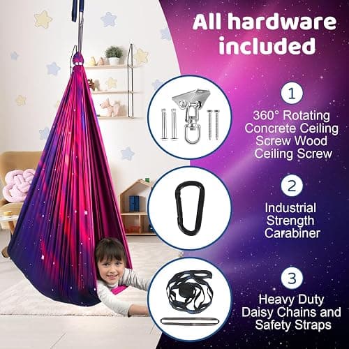 HiCamer Double Layer Sensory Swing for Kids & Adults Holds up to 300lbs Indoor and Outdoor Therapy Cuddle Swing with 360° Swivel Hanger Kit Adjustable with Aspergers Autism ADHD (Galaxy Purple) thumbnail 5