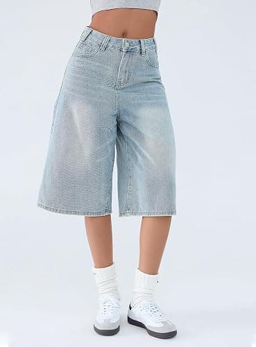 EMMIOL Machine Wash Y2K Jorts Women Wide Leg Baggy Long Jean Shorts Loose Fit Grunge Bermuda Denim Shorts thumbnail 5