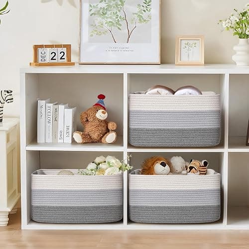2 Pack Large Storage Basket for Organizing, 17.5"x13.5"x7.5" Woven Basket for Shelves, Closet Cube Storage Bins with Wrapped Handle, Cotton Rope Baskets for Kitchen, Clothes, Toys(Gradient Grey) thumbnail 2