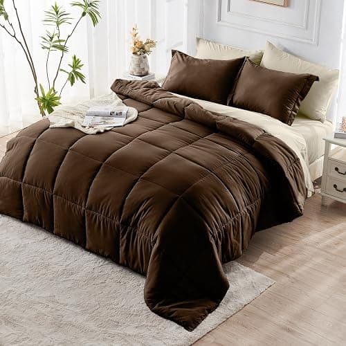 JOLLYVOGUE Queen Comforter Set, Ultra-Soft Bed in a Bag Queen Size 7 Pieces, Oeko-TEX Certified Bedding Set with Down Alternative Comforter, Sheets, Pillowcases & Shams, Brown & Beige thumbnail 9
