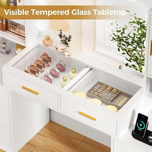 BEWISHOME Makeup Vanity Desk with Mirror and Lights,55.12" Large Vanity Table with Glass Top,White Makeup Desk with Power Outlet 8 Drawers,Dressing Table for Bedroom Women Girls Modern FST37W thumbnail 3