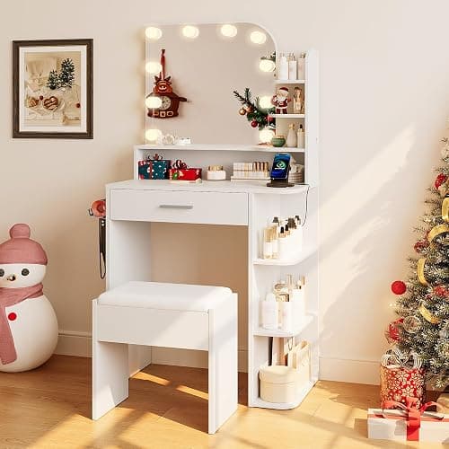 wanan Small Vanity, Set with Chair, Big Mirror & Lights, for Girls, White | Small footprint, huge storage, 14.2×26.5×54.4", 6 shelves+drawer, outlet+hairdryer rack, 10 bright bulbs, dimmable & memory thumbnail 9