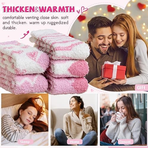 WEVIAS Womens Fuzzy Socks Fluffy Cozy Heart Comfy Winter Thick Warm Pink Plush Fleece Sleep Slipper Socks 5 Pairs thumbnail 3