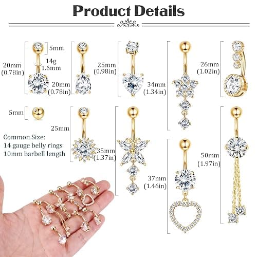 ZELORES 9/10PCS Surgical Stainless Steel Hypoallergenic Belly Button Rings with Extra Replacement Balls, Trendy Dangle Belly Button Piercing Jewelry for Women, 14G - Silver Plated/14K Gold Plated/Rose Gold Plated thumbnail 4
