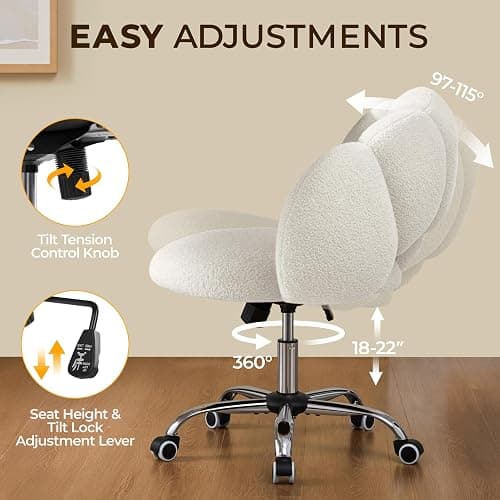 Yaheetech Boucle Upholstered Desk Chair Cloud-Shaped Vanity Chair Adjustable Home Office Computer with Rolling Wheels for Living Room, Bedroom White thumbnail 5