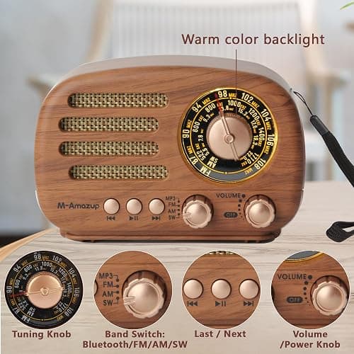 M-Amazup Radios Portable AM FM SW, Retro Radio with Speaker, Transistor Radio Bluetooth 5.3, Rechargeable Battery Powered, TWS, Support TF Card/MP3/USB Playing, Gifts for Senior, Light Wood thumbnail 3