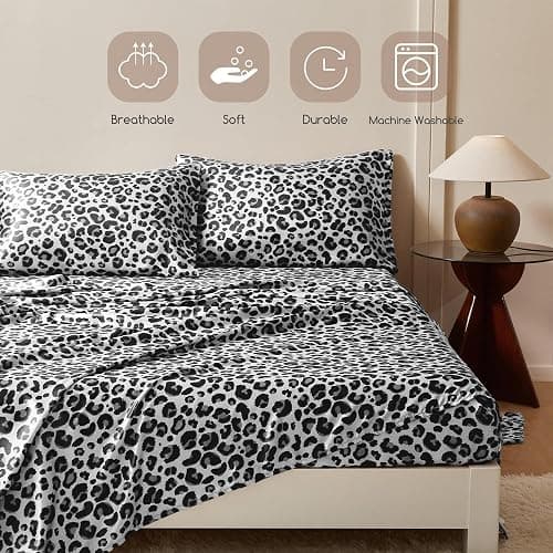 MR&HM Satin Sheets with Elastic Corner Straps, Full Size Sheets Set, 4 Pcs Silky Bedding Set with 15 Inches Deep Pocket for Mattress (Full, White Leopard) thumbnail 6
