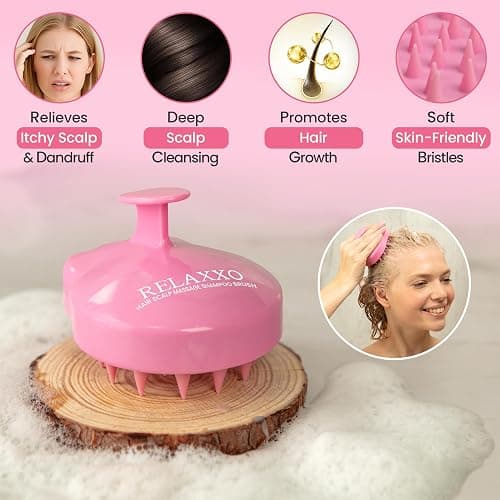 RELAXXO Scalp Massager Hair Growth – Exfoliator & Hair Scrubber for Scalp, Soft Bristles for Dandruff & Soothing Comfort, Shampoo Brush, Wet & Dry Use, Pink thumbnail 2