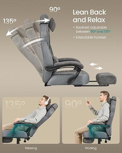 SONGMICS Gaming Chair, Office Computer Chair, Ergonomic Design, with Footrest, Adjustable Headrest, Lumbar Support, 150 kg Load Capacity, Slate Grey OBG077G01 thumbnail 7