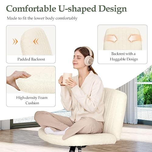 Orange Factory Criss Cross Chair Wheels Wide Cross Legged Office Desk Vanity Dual Base Comfy Fabric Armless Adjustable Swivel for Home Computer Task (Beige) thumbnail 4