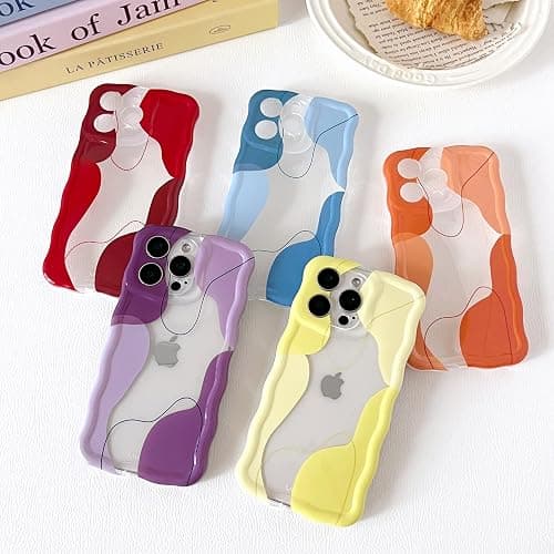 DEFBSC for iPhone 14 Plus/15 Plus Case, Cute Clear Wavy Art Design Aesthetic Pattern Phone Case for Women Girls, Wave Frame Durable Protective Cover Full Camera Protection Bumper, Yellow thumbnail 6