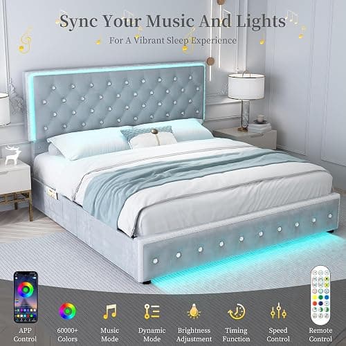 SIBEDS Queen Led Bed Frame with 2 Drawers, Storage Platform Queen Size Upholstered Bed Frames with Crystal Button Tufted Headboard, Solid Slats Support, Noise Free, No Box Spring Needed, Velvet Grey thumbnail 4