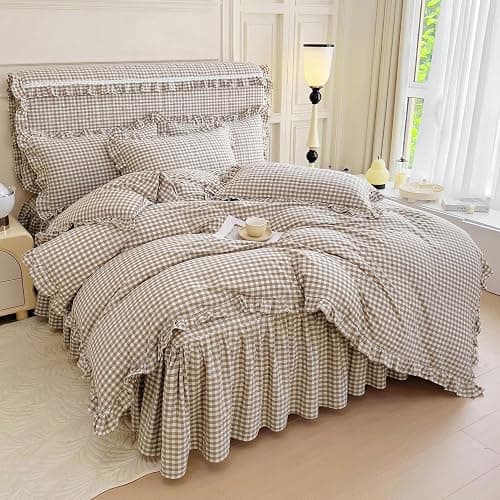 LifeTB Tan Gingham Comforter Set Full Vintage Ruffle Taupe Plaid Comforter Set 3 Pieces Soft Fluffy Grid Checkered Pattern Comforter with 2 Pillowcases Farmhouse Gingham Bedding Comforter Full thumbnail 5