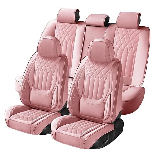 GEZHOUBA Pink Car Seat Covers Full Set, Full Coverage Luxury Leather Car Seat Protector Universal Fit for Most Cars SUVs Pick-up Trucks, Pink Seat Covers Car Interior Accessories for Women - Image 1