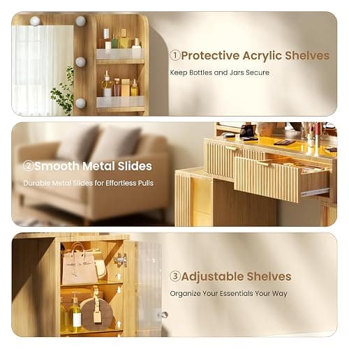 56'' Fluted Wooden Vanity with RGB Hollywood Lights & 36" HD Mirror -Oak | Big Vanity with Glass Top, Drawers, 16 Storage Area, Boho Makeup Vanity With Charging Station for Girls, Women , Bedroom -Oak thumbnail 9