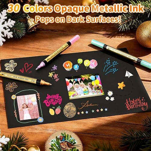 IVSUN 60 Acrylic Paint Markers, 30 Metallic & 30 Regular Colors Dual Tip Metallic Marker Pens for Black Paper, Photo Album, Rock Painting, Glass, Wood, Card Making, Scrapbook Supplies, DIY Crafts thumbnail 5