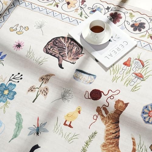 Rugcomf Living Room Rug 5x7 Rug Machine Washable Boho Area Rug Non Slip Floral Animal Cat Vintage Low Pile Large Rugs for Living Room Bedroom Farmhouse Dining Room Kids Playroom, Beige thumbnail 8
