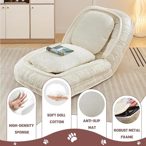 Upholstered Human Dog Bed for Adult & Pets, Convertible Lazy Sofa Bed with 5 Adjustable Position, Comfy Tatami Bean Bag Lounge Chair with 2 Soft Pillows for Bedroom Living Room Office (Beige) thumbnail 5
