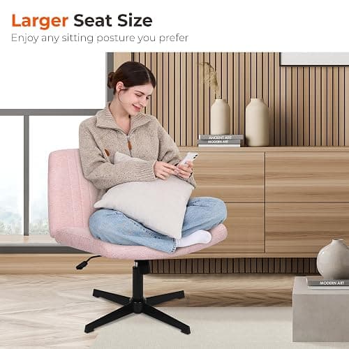 NEO Chair Criss Cross Chair No Wheels Armless Cross Legged Office Desk Wide Comfy Vanity Makeup Chair Adjustable Computer Task for Home Office Fabric (Pink) thumbnail 3