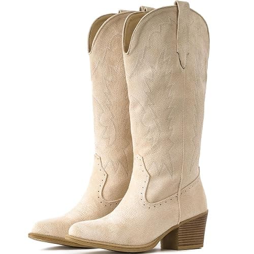 IUV Suede Cowboy Boots For Women Chunky Heel Pointed Toe Cowgirl Boots - Image 1