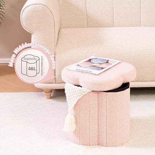 B FSOBEIIALEO Storage Ottoman Cube, Flowers Shaped Ottomans with Storage Foot Stool Footrest, Boucle Ottoman Seat for Dorm Room, Faux Teddy Fur, Pink 15"x15"x15" thumbnail 4