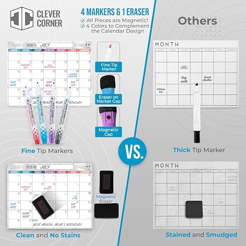 CLEVER CORNER Dry Erase Magnetic Calendar for Refrigerator 16.5x13; 2 Wide Notepads; 4 Markers; Eraser - No Stain Monthly Fridge Calendar Whiteboard thumbnail 6