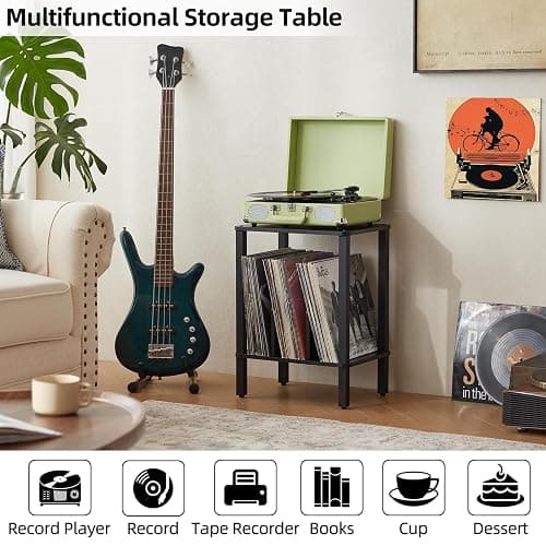 LELELINKY 2-Tier Record Player Stand with Vinyl Record Storage up to 100 Albums, Bedroom Record Holder and Multi-Functional End Table for Living Room, Black thumbnail 7