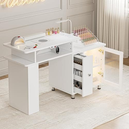 Paddie Manicure Table Nail Desk with LED Lamp & Light, Glass Cabinet Door Nail Table Station w/Dust Collector, Charging Station, Removable Acrylic Container, Cabinet and Drawer(White-New) thumbnail 2