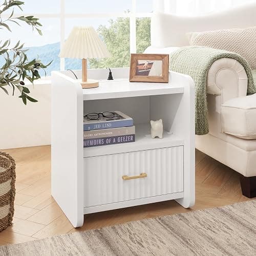 Curlaky Night Stand with Charger Station, Fluted Wood Nightstand with Drawer Storage, Modern Bedside Table, Wide Nightstands for Bedroom, Mid Century Wooden Night Stands for Home Office Sofa Couch thumbnail 5