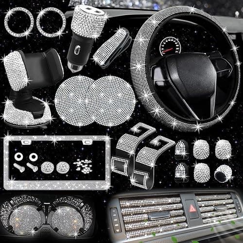 NBTEPEM 27 PCs Bling Car Accessories Set for Women, Steering Wheel Covers Universal Fit 15 Inch, Bling License Plate Frame, Bling Phone Holder, Bling Car Coasters (Silver Diamond) - Image 1