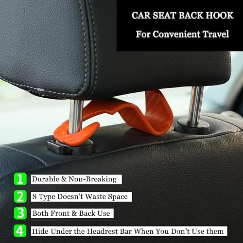 Amooca Car Seat Headrest Hook 4 Pack Hanger Universal Vehicle Car Storage Organizer for Handbag Purse Coat S Type Checkered Orange thumbnail 4