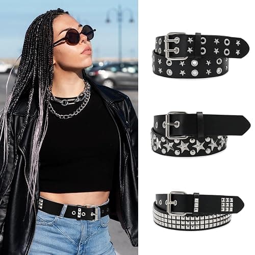 AEXHOT 3 Pcs Black Studded Belt Y2K Belt Star Gothic Punk Rock Belts with Grommet Threads Bright Metal Pyramid for Women Men thumbnail 2