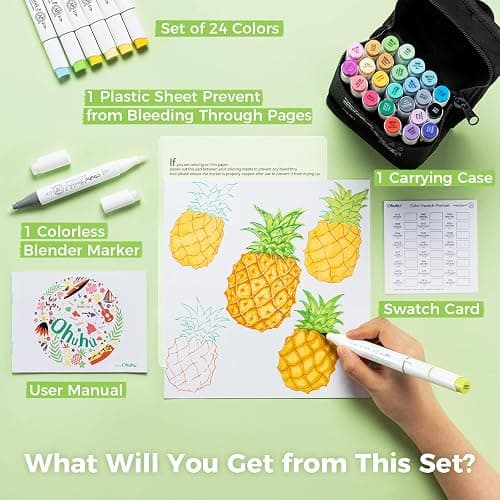 Ohuhu Alcohol Markers Brush Tip, AP Certificated 24 Basic Colors Double Tipped Alcohol Based Art Marker Set for Artist Sketching Adult Coloring Illustration - Brush and Fine Dual Tips - Honolulu B thumbnail 8