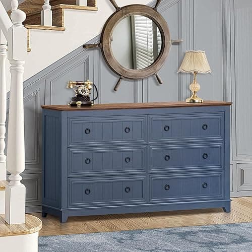 Joaxswe 6 Drawers Dresser for Bedroom, Farmhouse 54 Inch Wide Wood Dresser Chest of Drawers, Vintage Design TV Stand, Rustic Storage Dressers Organizer for Bedroom, Living Room, Hallway - Navy Blue thumbnail 5