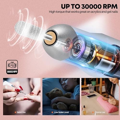 Droyek Electric Nail Drill Portable Nail Drill Professional 30000 RPM 13 Salon Quality Drill bits 50 Sanding Bands Portable & Low Noise for Acrylic Nails Gel Polishing Removing Bits Kit for Home Use thumbnail 3