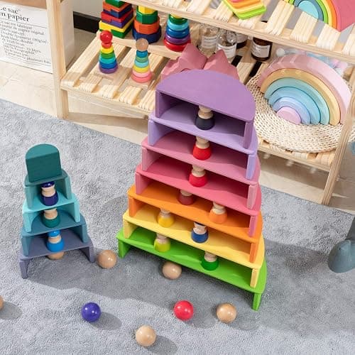 MERRYHEART Wooden Rainbow Stacking Toy, 12 Piece Multicolor Wooden Arch Stacker, Extra Large Pastel Bow Shaped Stacking Toy, Nesting Puzzle Building Blocks Educational Toys for Kids Toddlers thumbnail 2