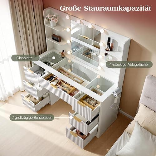 LUXOAK Schminktisch mit Spiegel & 10 LED-Lampen, Großer Frisiertisch mit Glasplatte & Steckdose, 7 Schubladen & Föhnhalterung, Moderner Kosmetiktisch für Schlafzimmer (Weiß, 120 x 39.8 x 136.4 cm) thumbnail 3