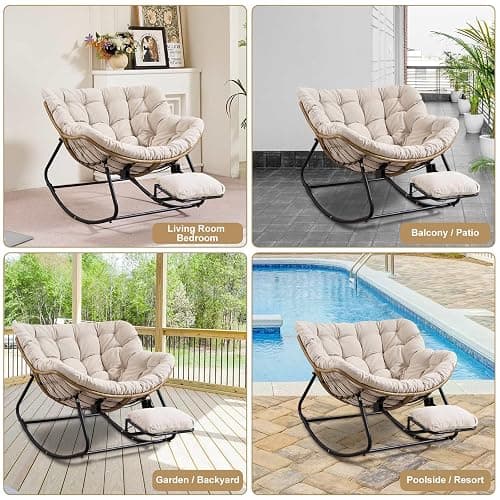 Oversized Rocking Chair with Foot Rest & Ottoman, Outdoor Reading Chair, Comfy Rocking Chair for Patio Porch Balcony, Cozy Indoor Reading Nook Chair, Chaise Lounge Chair Indoor, Big Comfy Chair, Beige thumbnail 8