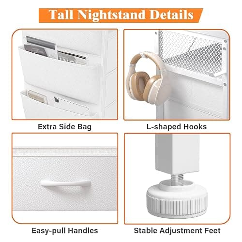 EnHomee Tall Night Stand Set 2 with 5 Drawers, LED Nightstand with Ports & Outlets, White Dresser with Extra Side Bag & Storage Shelf & Hooks, Bedroom, Dorm, Closet thumbnail 9