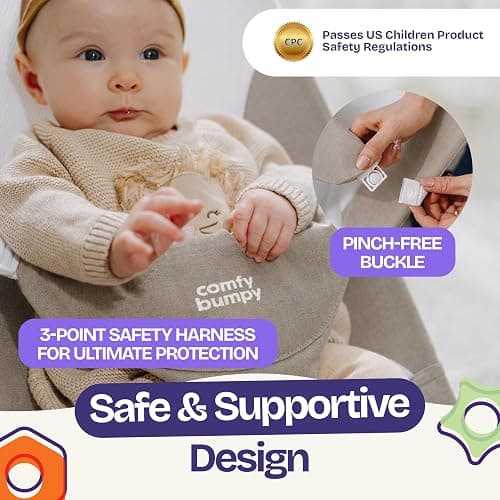 ComfyBumpy Portable Baby Bouncer, Organic Cotton, 3-Position Recline | Breathable Mesh Sides, 8-20 lbs Babies, Foldable Design, 3-Point Harness, Travel Carry Case (Taupe) thumbnail 5